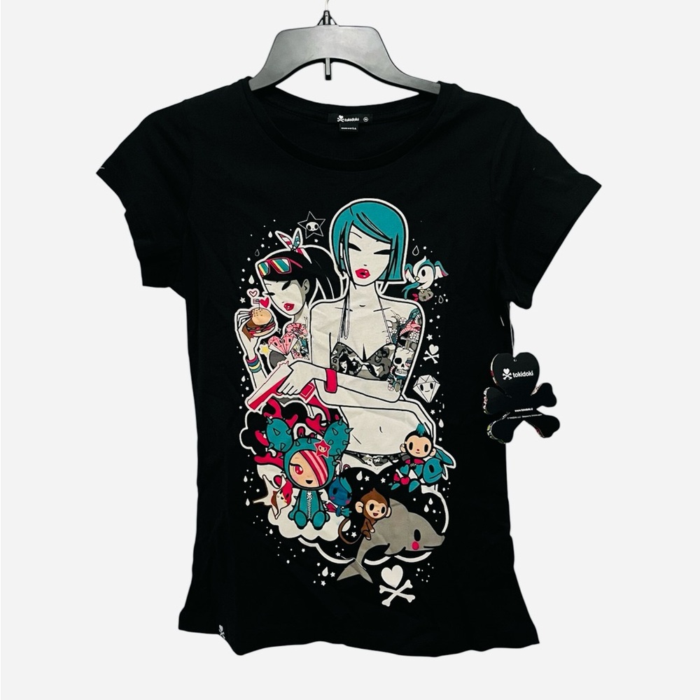 Tokidoki Black Graphic Japanese Girls with Cactus Friends Fitted T-Shirt